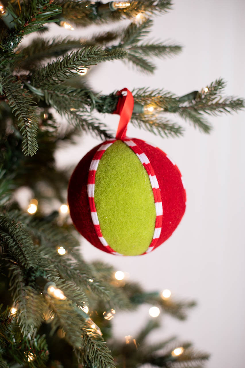 4.5” Green & Red Christmas Felt Ball Ornament - Decorator's Warehouse